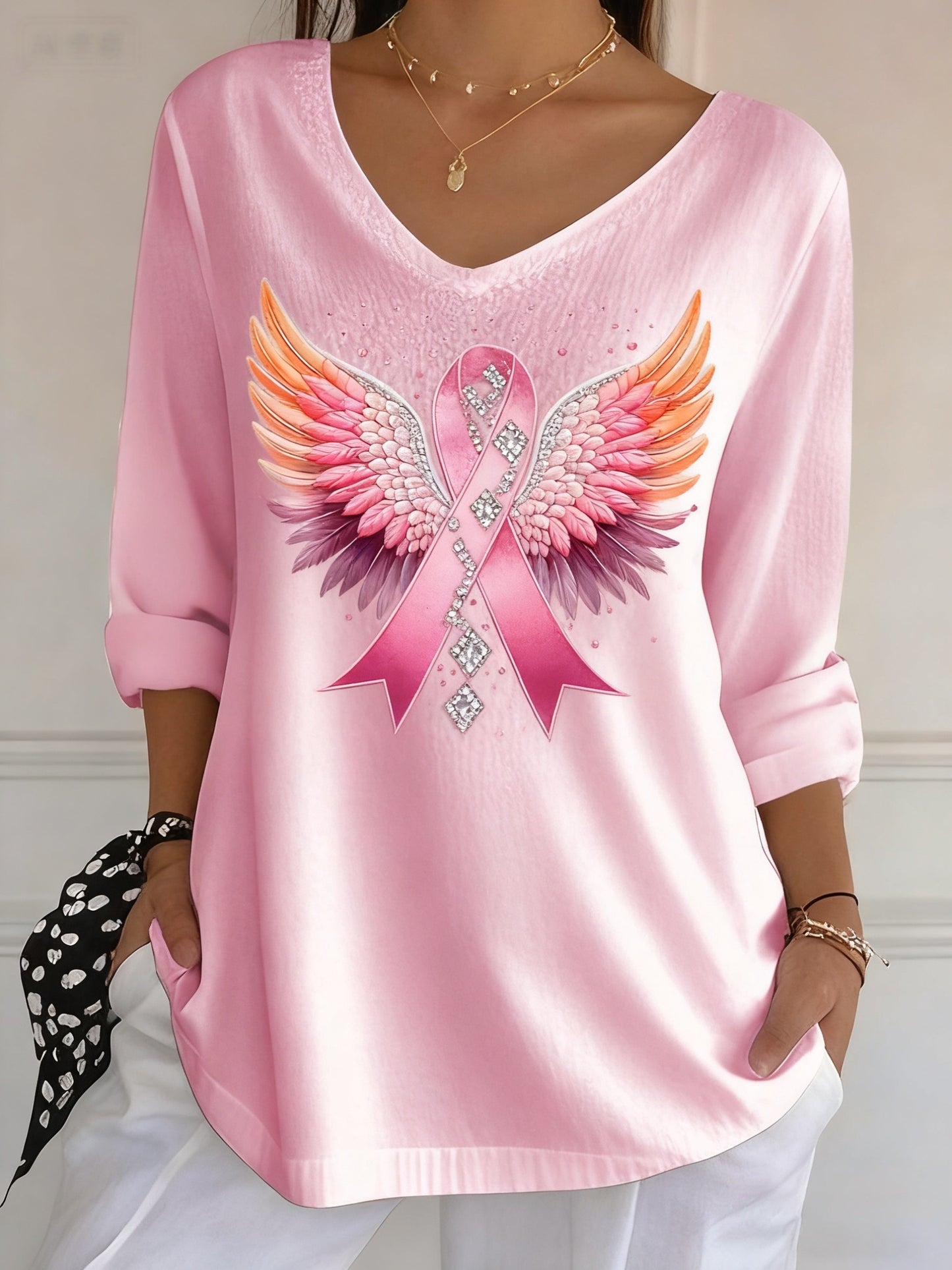 Casual rosa contraste fita asas fita impressão camiseta manga longa feminino