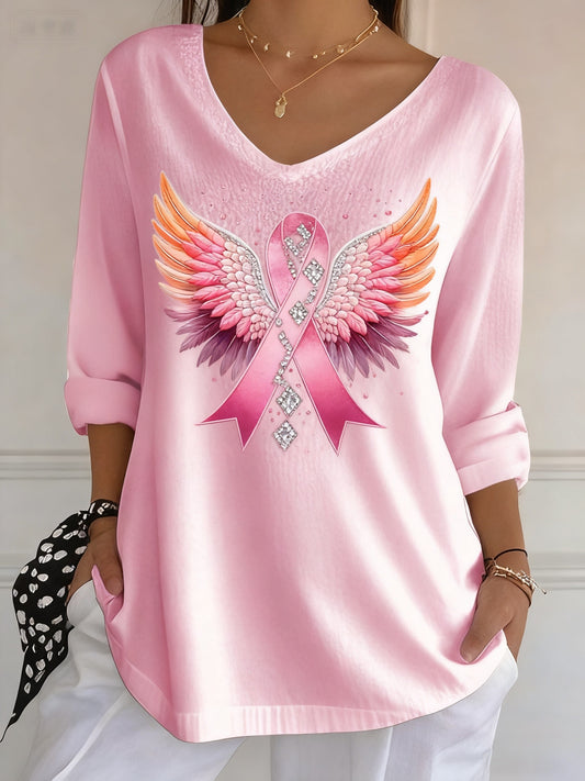 Casual rosa contraste fita asas fita impressão camiseta manga longa feminino