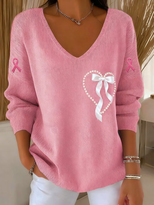 Consciência Feminina Casual Câncer de Mama Imprimir Camiseta Manga Longa