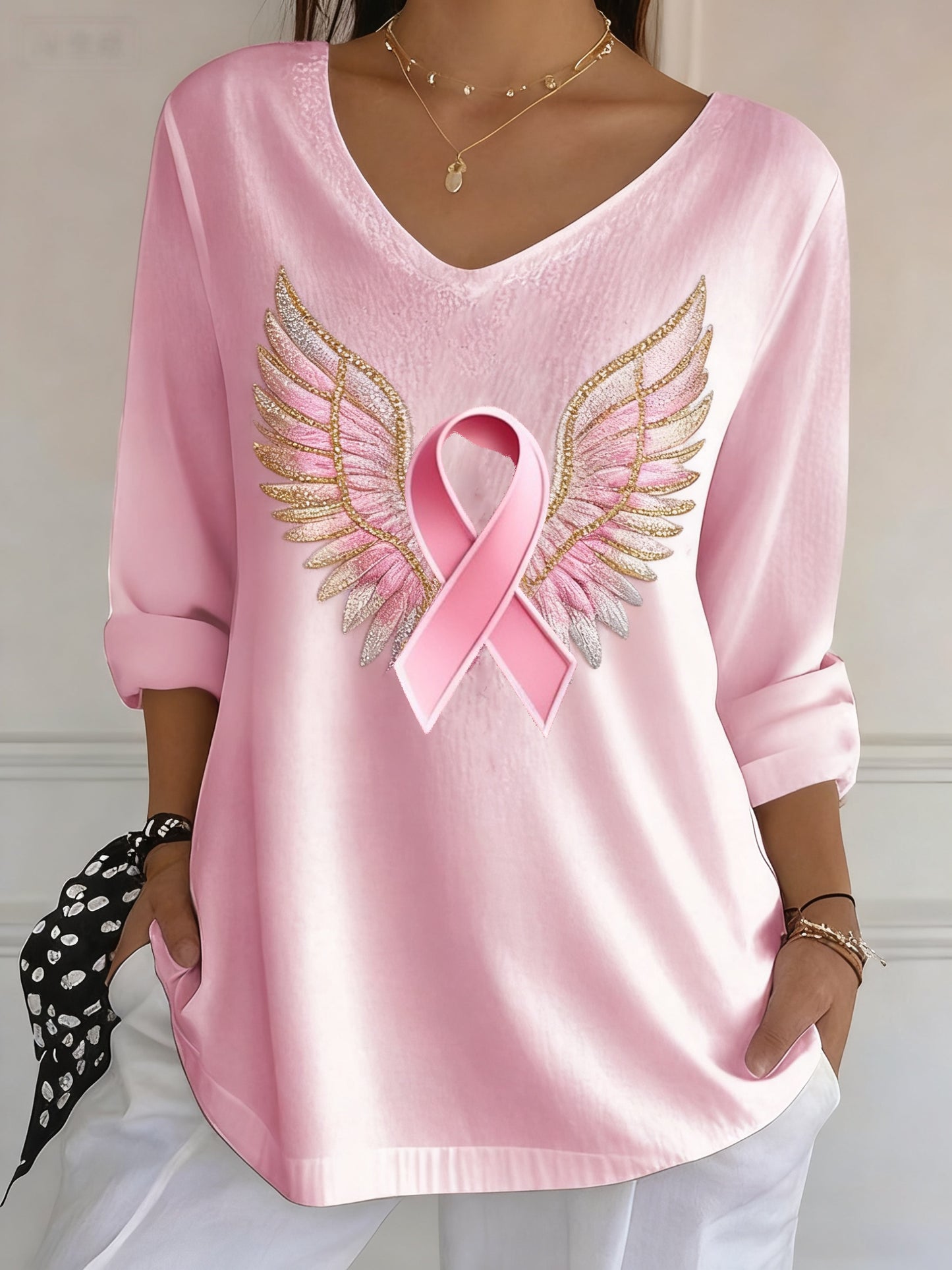 Casual rosa contraste fita asas fita impressão camiseta manga longa feminino