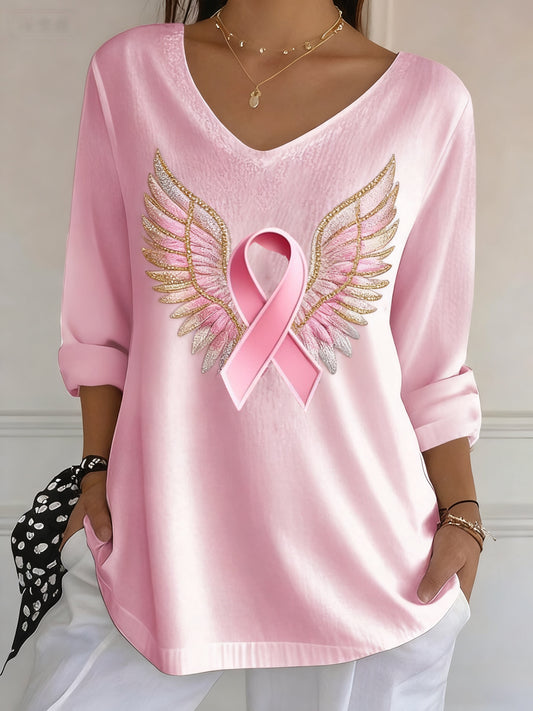 Casual rosa contraste fita asas fita impressão camiseta manga longa feminino