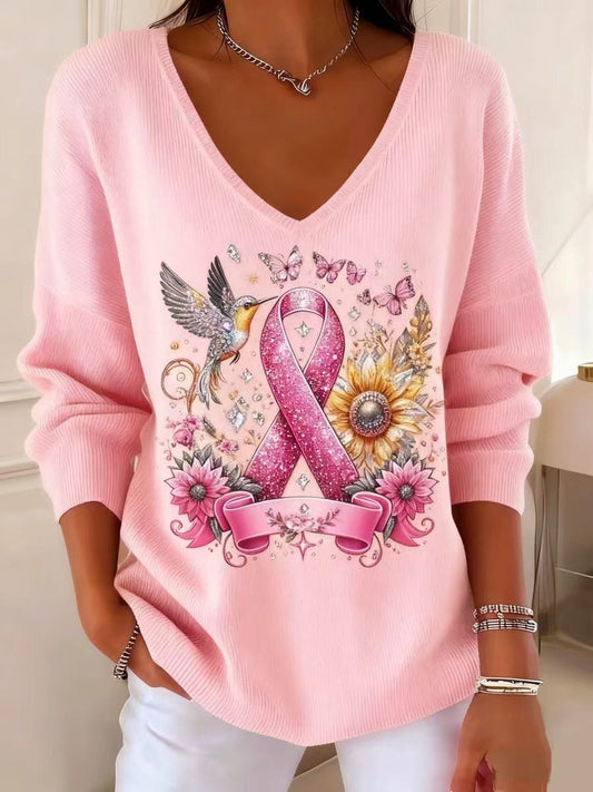 Arte Floral Retro Animal V-Neck Casual Top feminino