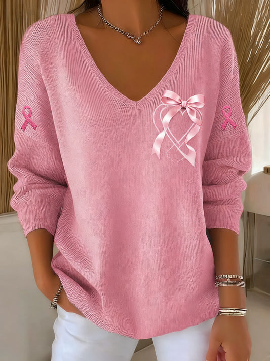 Consciência Feminina Casual Câncer de Mama Imprimir Camiseta Manga Longa