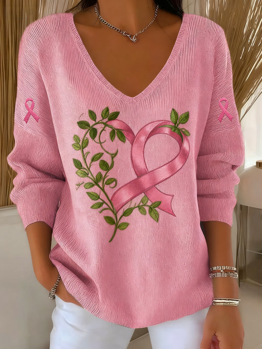 Consciência Feminina Casual Câncer de Mama Imprimir Camiseta Manga Longa