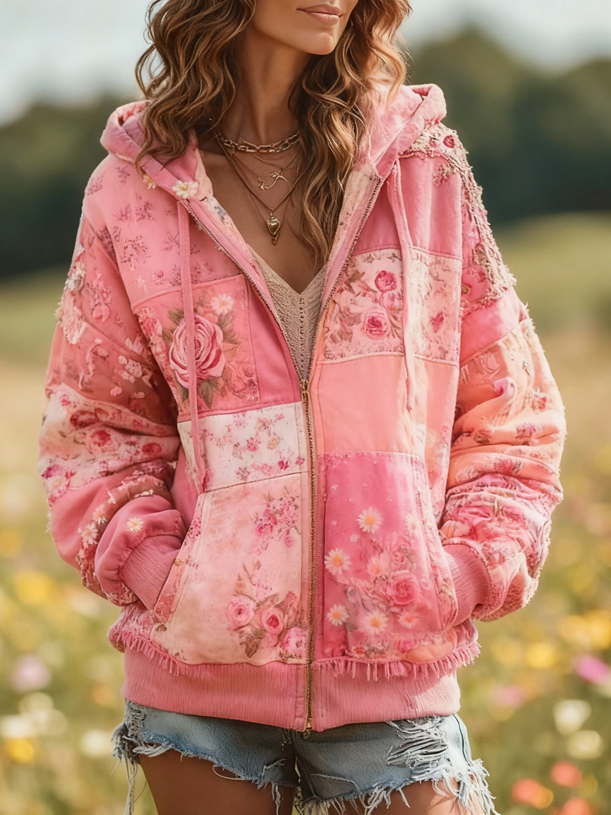 Hoodie de impressão floral casual feminino