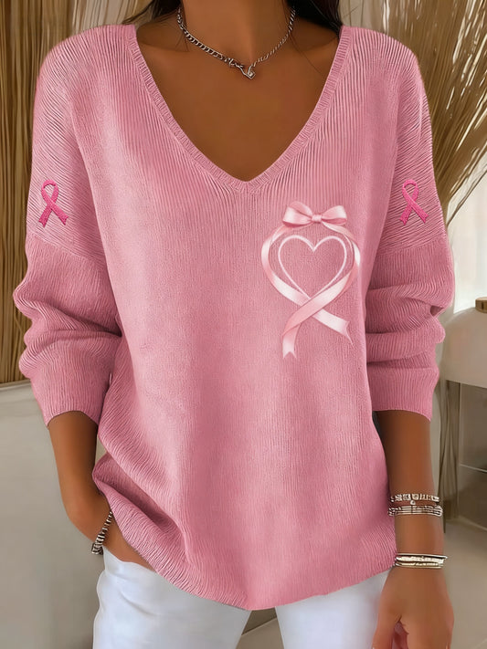 Consciência Feminina Casual Câncer de Mama Imprimir Camiseta Manga Longa