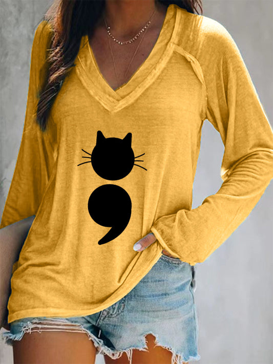 Gato feminino imprime camiseta de manga comprida com decote