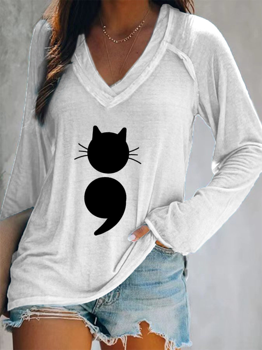 Gato feminino imprime camiseta de manga comprida com decote