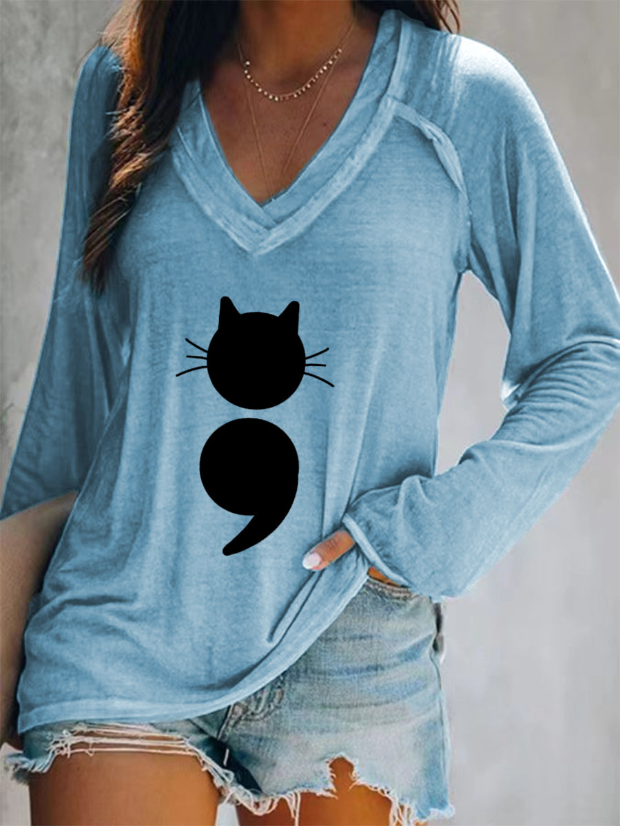 Gato feminino imprime camiseta de manga comprida com decote