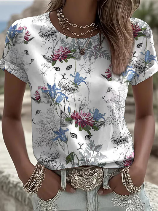 Gato Floral feminino imprime t-shirt de manga curta