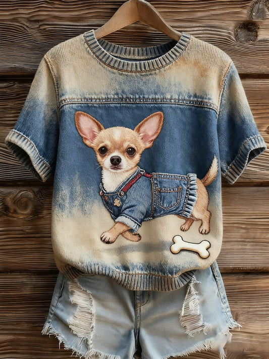 Artístico Animal Print Confortável Malha Top de manga curta feminino
