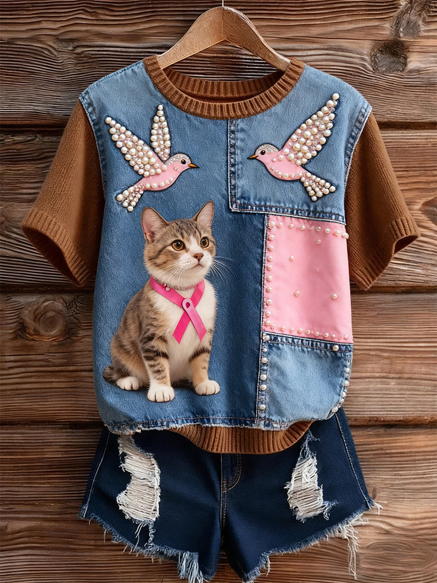 Artístico Animal Print Confortável Malha Top de manga curta feminino