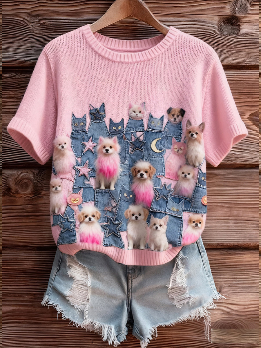 Artístico Animal Print Confortável Malha Top de manga curta feminino