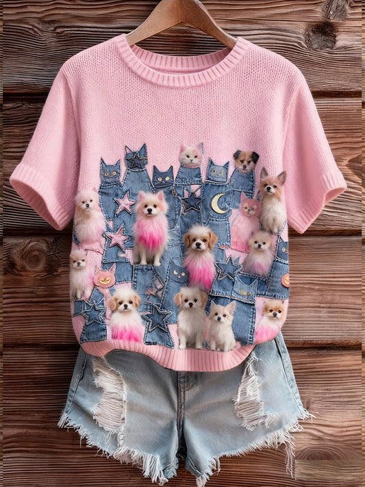 Artístico Animal Print Confortável Malha Top de manga curta feminino
