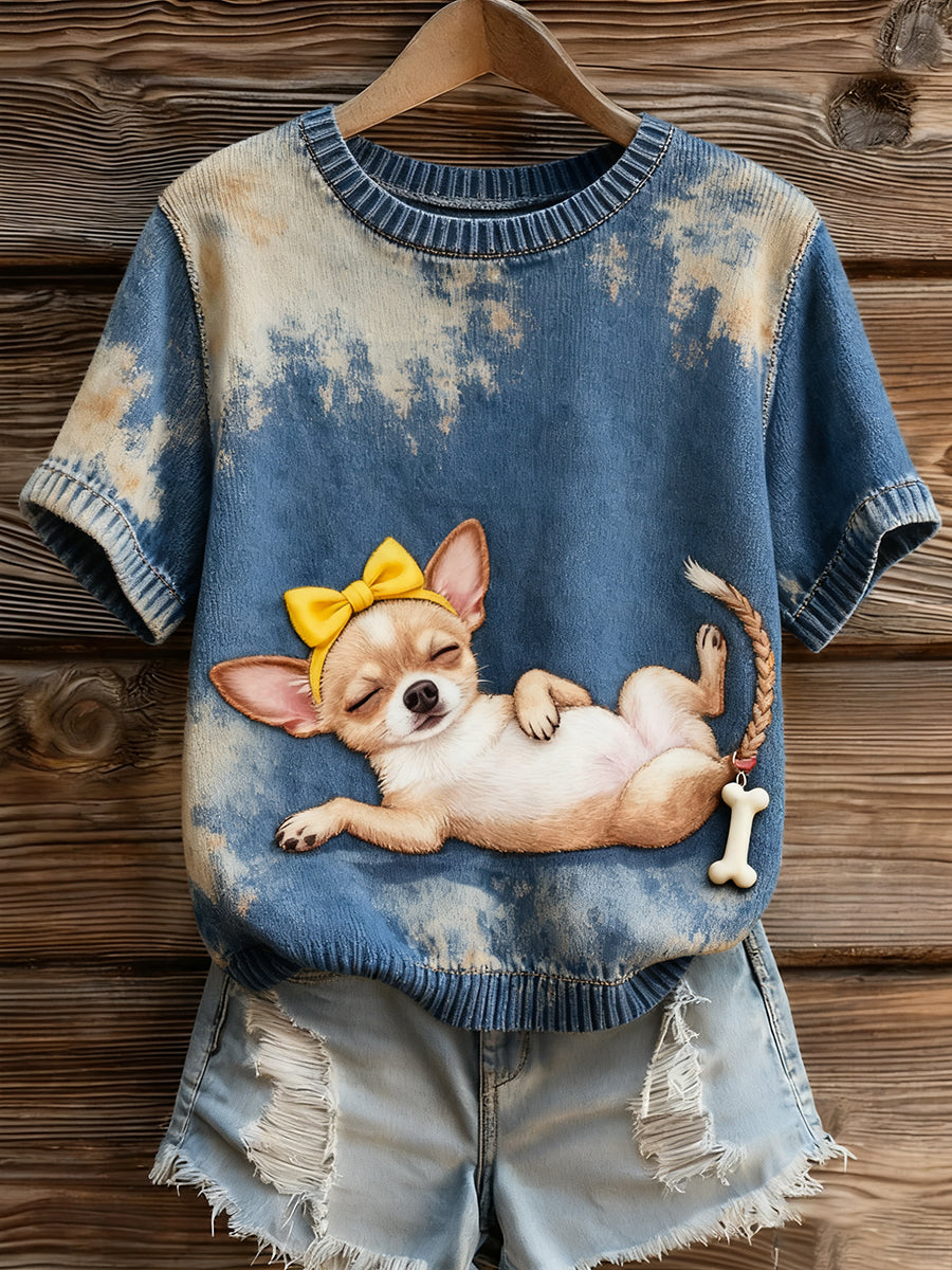 Artístico Animal Print Confortável Malha Top de manga curta feminino