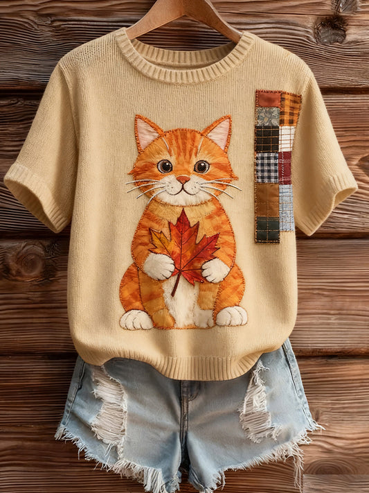 Artístico Animal Print Confortável Malha Top de manga curta feminino