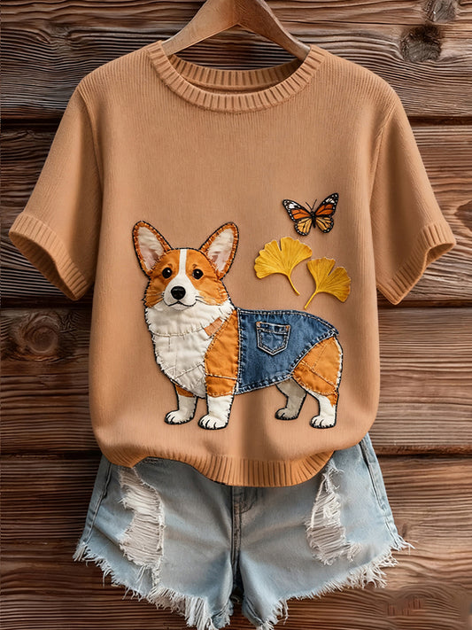 Artístico Animal Print Confortável Malha Top de manga curta feminino