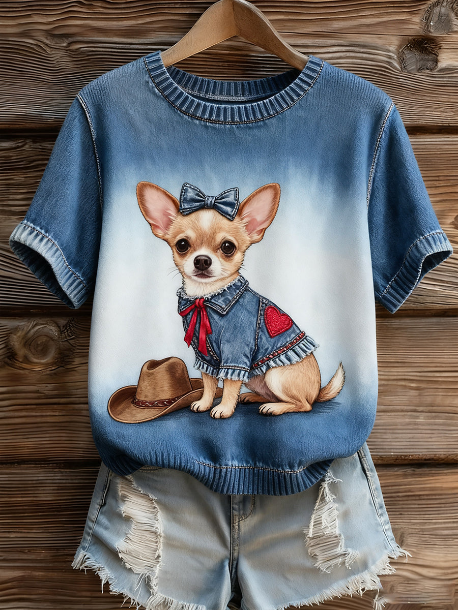 Artístico Animal Print Confortável Malha Top de manga curta feminino