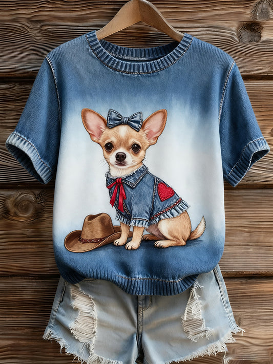 Artístico Animal Print Confortável Malha Top de manga curta feminino