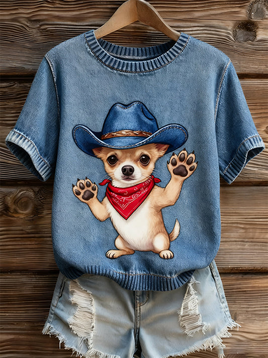 Artístico Animal Print Confortável Malha Top de manga curta feminino