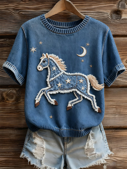 Artístico Animal Print Confortável Malha Top de manga curta feminino