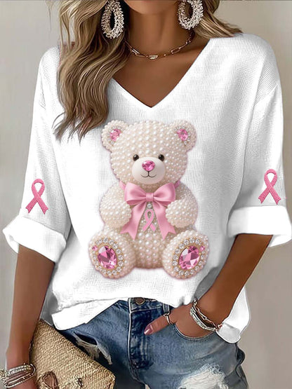 Vintage mama câncer urso pérolas abstrato impressão Casual algodão manga longa t-shirt