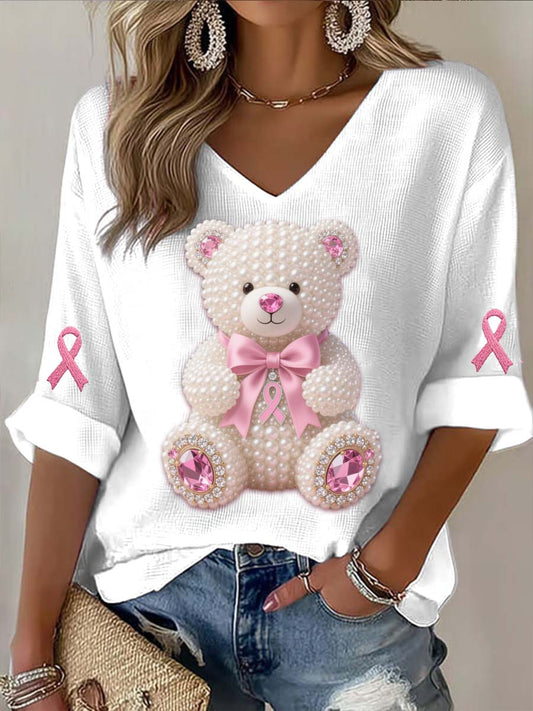 Vintage mama câncer urso pérolas abstrato impressão Casual algodão manga longa t-shirt