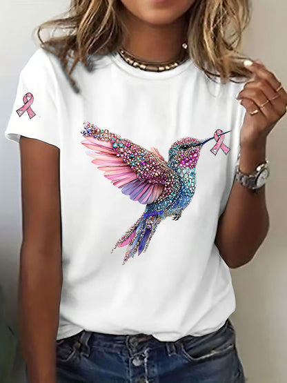 Consciência câncer de mama feminino colibri impressão camiseta casual