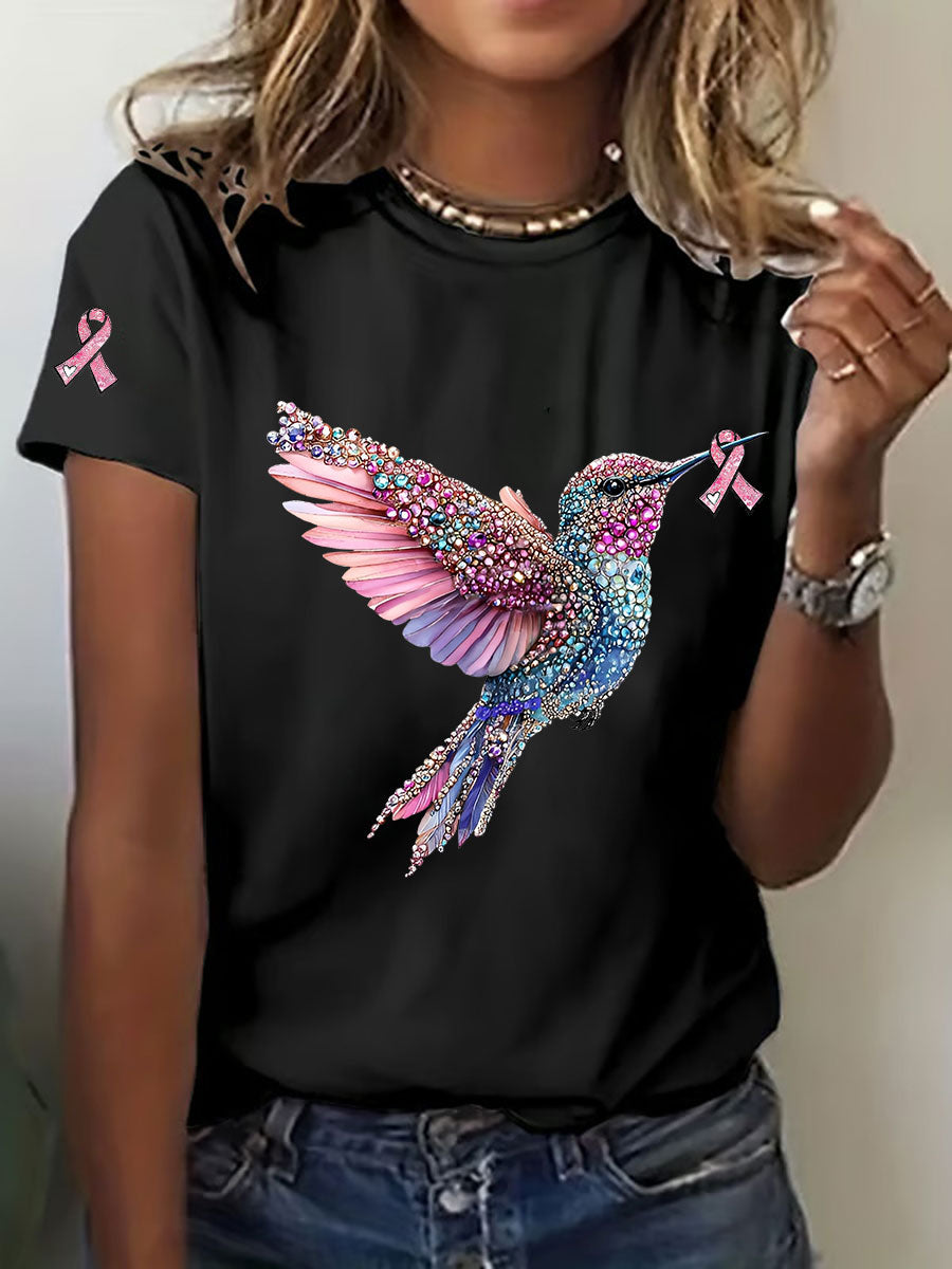 Consciência câncer de mama feminino colibri impressão camiseta casual