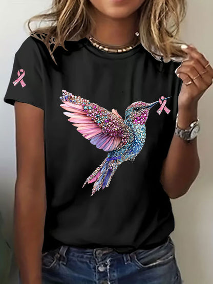 Consciência câncer de mama feminino colibri impressão camiseta casual