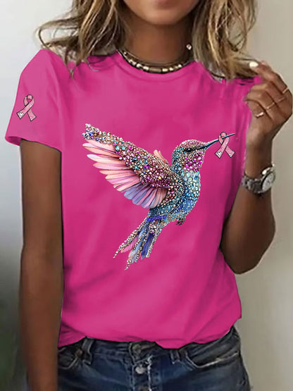 Consciência câncer de mama feminino colibri impressão camiseta casual