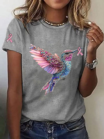 Consciência câncer de mama feminino colibri impressão camiseta casual