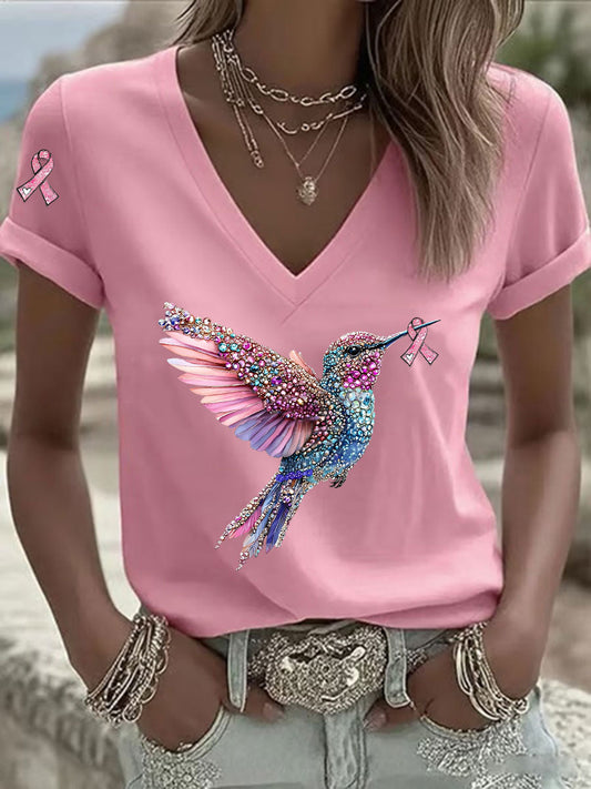 Fita rosa feminina impressão Casual camiseta com decote em v