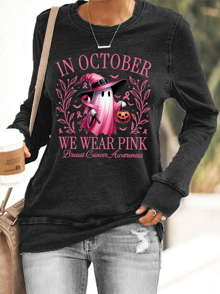 Mulheres em outubro We Wear Pink Halloween Pink Ghost Breast Cancer Awareness Support Sweatshirt