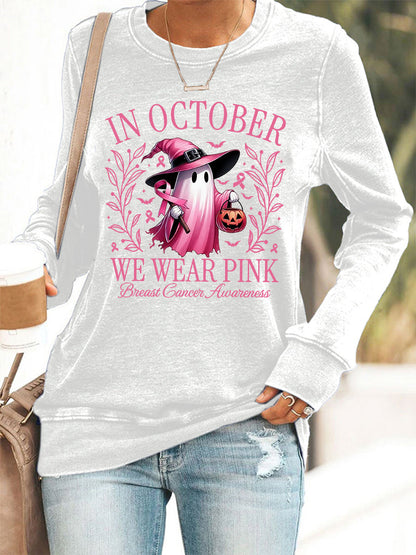 Mulheres em outubro We Wear Pink Halloween Pink Ghost Breast Cancer Awareness Support Sweatshirt