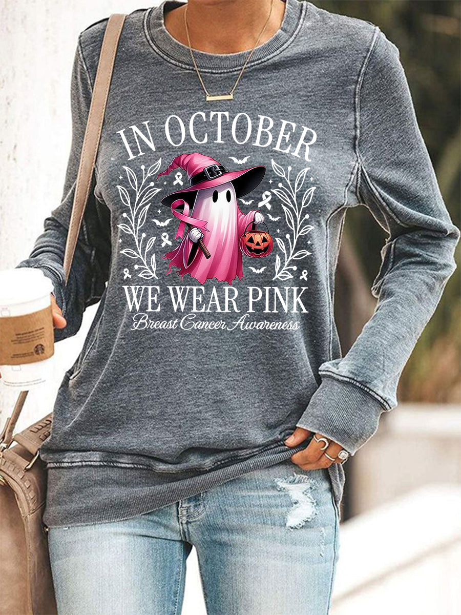 Mulheres em outubro We Wear Pink Halloween Pink Ghost Breast Cancer Awareness Support Sweatshirt