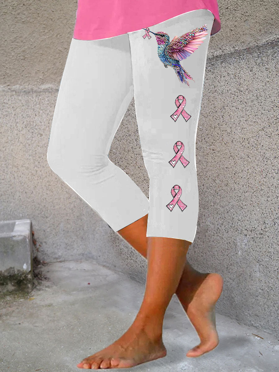 Fita rosa feminina imprime leggings casuais de fita