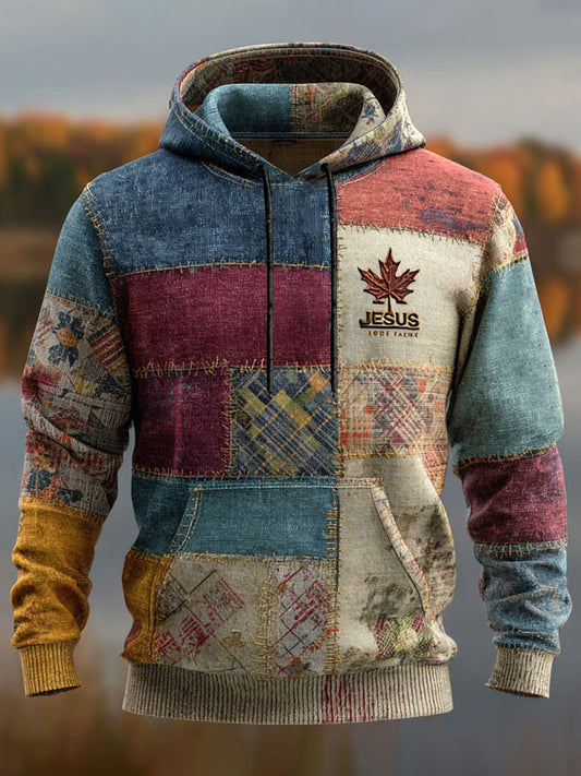 Homens Retro Casual fé Cruz Art Print Ombro-drop bolsos Hoodie de grandes dimensões