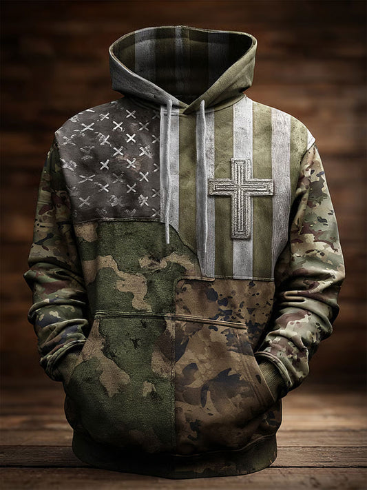 Homens Retro Casual fé Cruz Art Print Ombro-drop bolsos Hoodie de grandes dimensões