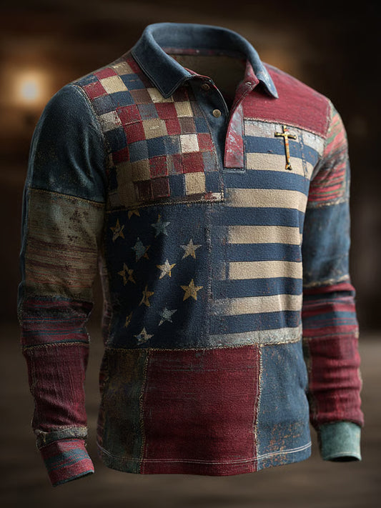 Retro Casual fé Cruz arte impressão Top de manga comprida masculino