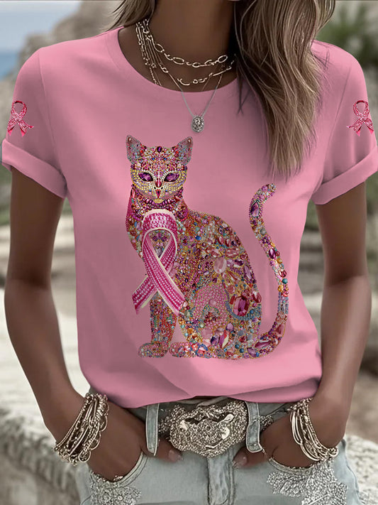 Gato de câncer de mama feminino impresso moda vintage camiseta solta manga curta