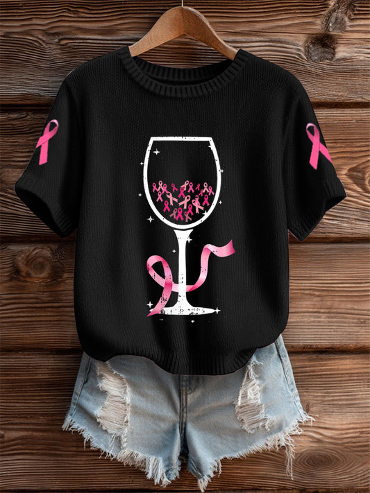 Camiseta de manga curta de vidro de vinho câncer de mama feminino