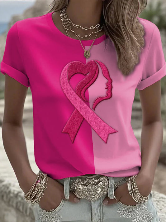 Casual câncer de mama amor fita contraste cor t-shirt de manga curta feminino