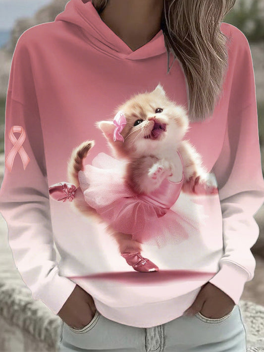 Consciência do câncer de mama feminino Pink Ballet Cat Print moletom