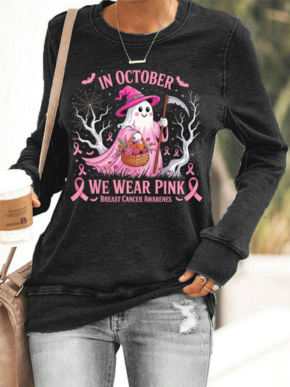 Mulheres em outubro We Wear Pink Halloween Pink Ghost Breast Cancer Awareness Sweatshirt