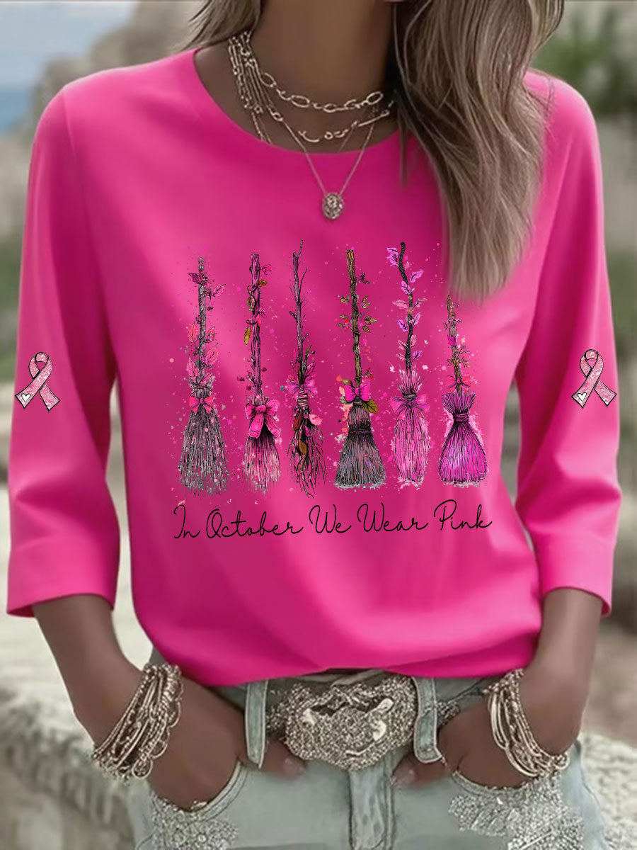 Mulheres em Outubro We Wear T-shirt Casual Estampada Rosa