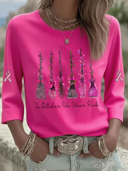 Mulheres em Outubro We Wear T-shirt Casual Estampada Rosa