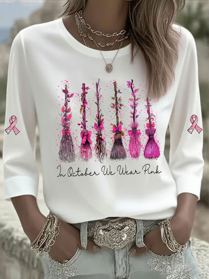 Mulheres em Outubro We Wear T-shirt Casual Estampada Rosa