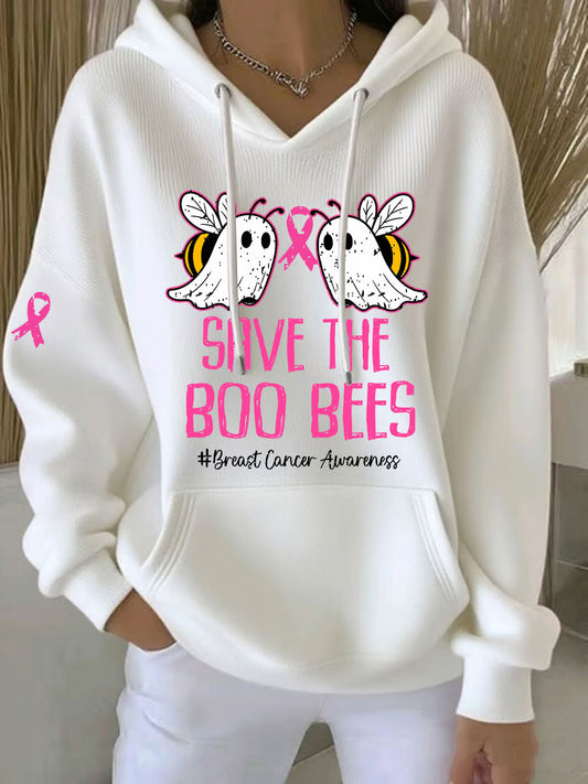 Consciência do câncer de mama feminino salvar as abelhas Boo impresso Hoodie Casual