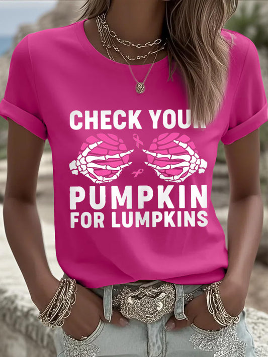 Mulheres Verifique suas abóboras para lumpkins Halloween mama câncer consciência Tee